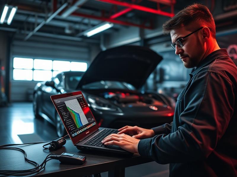 Professional ECU tuning specialist working on vehicle with laptop